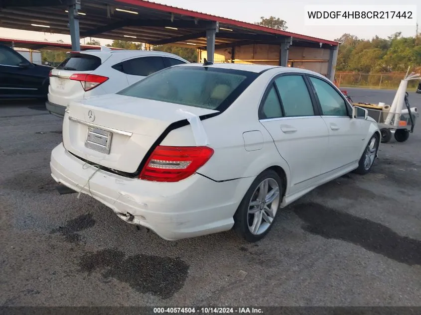 2012 Mercedes-Benz C 250 Luxury/Sport VIN: WDDGF4HB8CR217442 Lot: 40574504