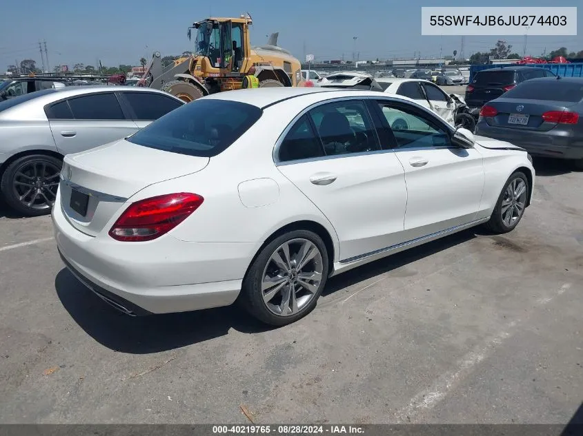 2018 Mercedes-Benz C 300 VIN: 55SWF4JB6JU274403 Lot: 40219765