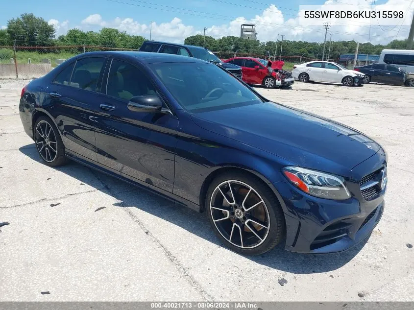 2019 Mercedes-Benz C 300 VIN: 55SWF8DB6KU315598 Lot: 40021713