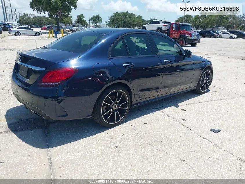 2019 Mercedes-Benz C 300 VIN: 55SWF8DB6KU315598 Lot: 40021713