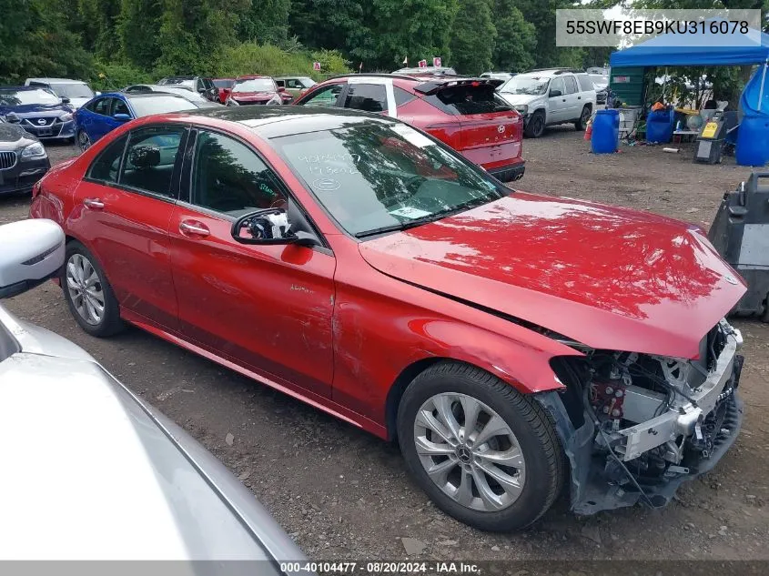 2019 Mercedes-Benz C 300 4Matic VIN: 55SWF8EB9KU316078 Lot: 40104477