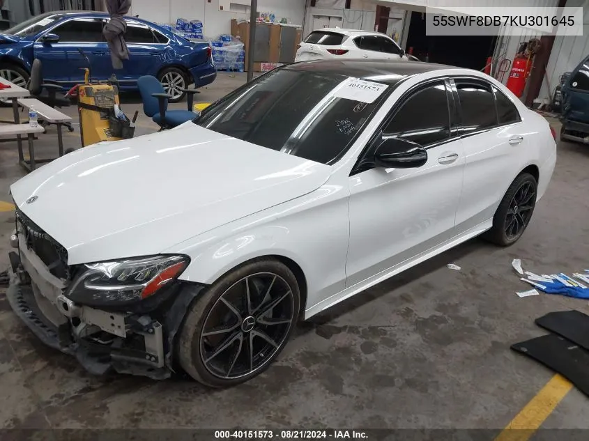 2019 Mercedes-Benz C 300 VIN: 55SWF8DB7KU301645 Lot: 40151573