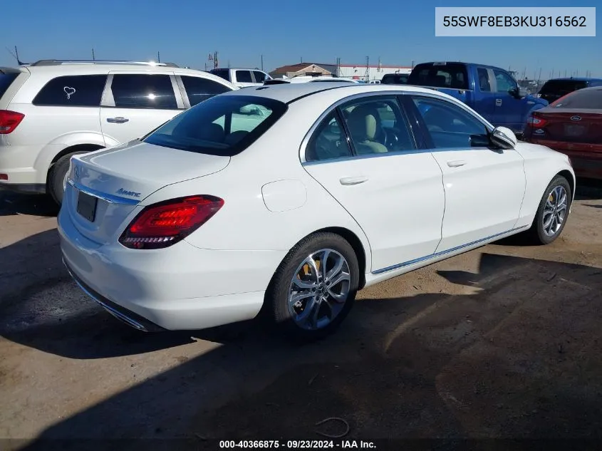 2019 Mercedes-Benz C 300 4Matic VIN: 55SWF8EB3KU316562 Lot: 40366875