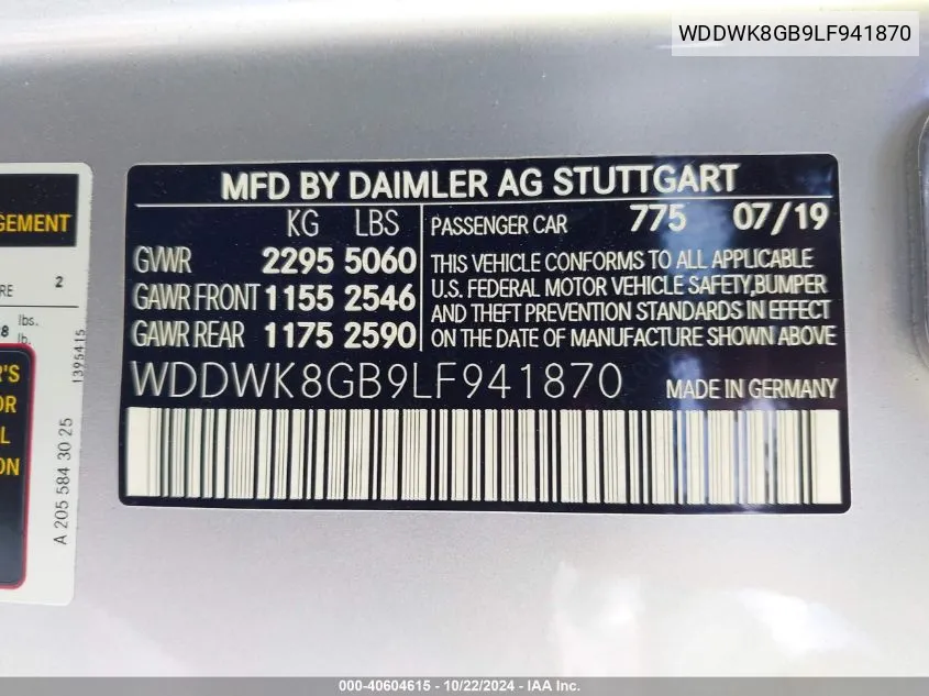 2020 Mercedes-Benz Amg C 63 VIN: WDDWK8GB9LF941870 Lot: 40604615