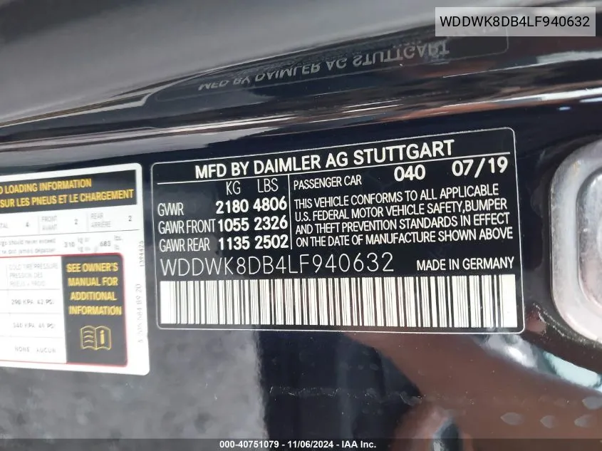 2020 Mercedes-Benz C 300 VIN: WDDWK8DB4LF940632 Lot: 40751079