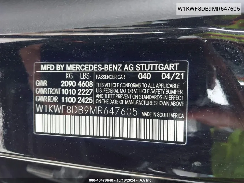 2021 Mercedes-Benz C 300 Sedan VIN: W1KWF8DB9MR647605 Lot: 40479640