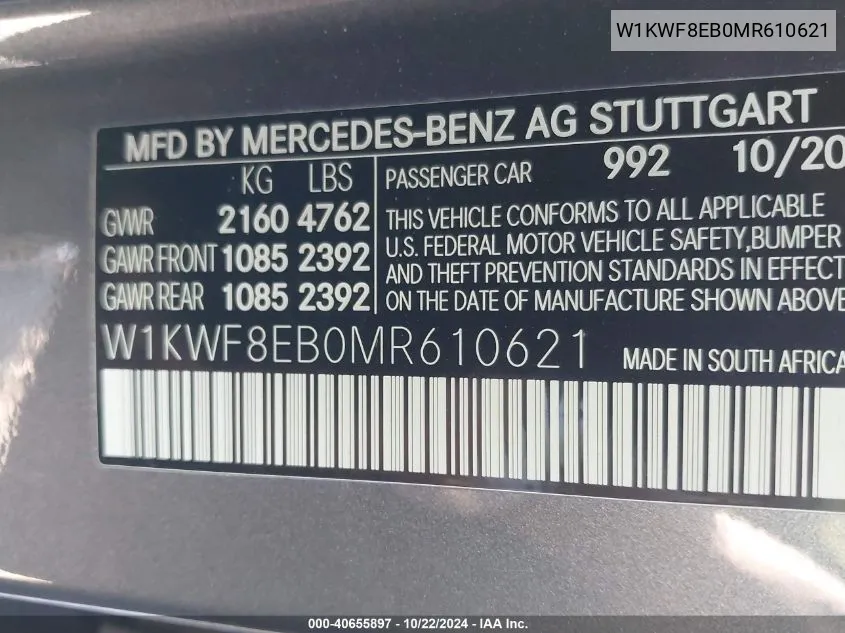 2021 Mercedes-Benz C 300 4Matic VIN: W1KWF8EB0MR610621 Lot: 40655897