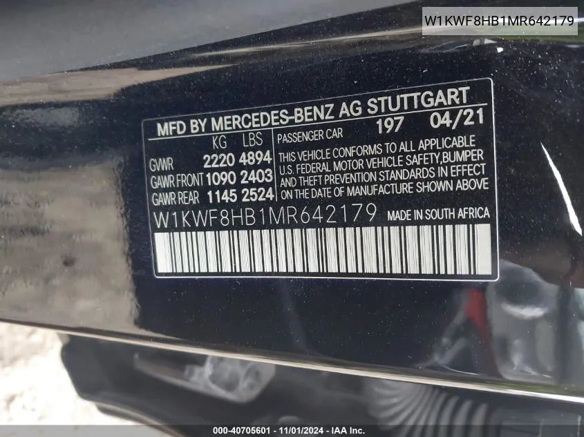 2021 Mercedes-Benz Amg C 63 S VIN: W1KWF8HB1MR642179 Lot: 40705601