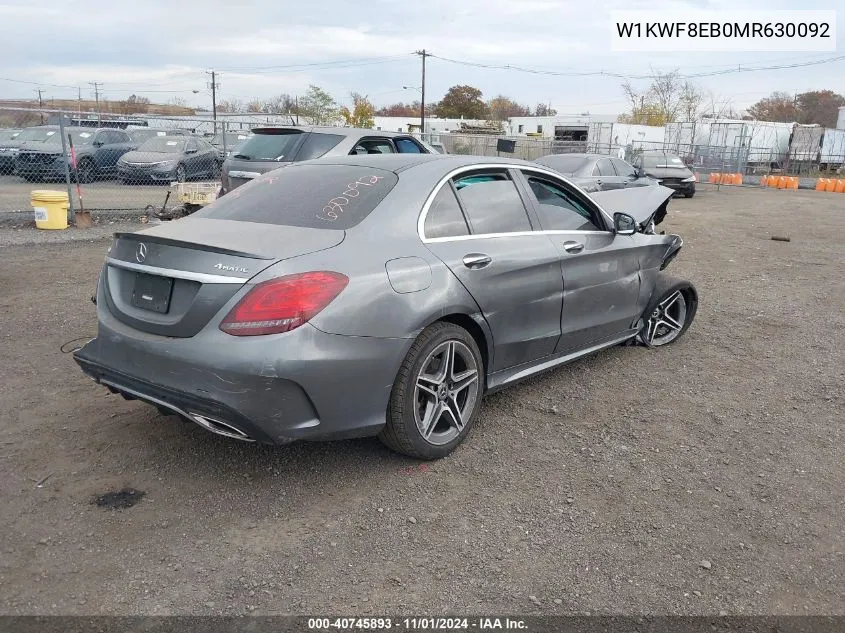 2021 Mercedes-Benz C 300 4Matic VIN: W1KWF8EB0MR630092 Lot: 40745893