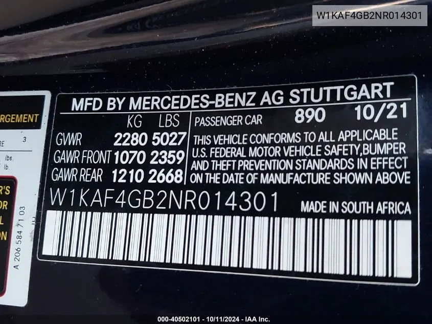 2022 Mercedes-Benz C 300 VIN: W1KAF4GB2NR014301 Lot: 40502101