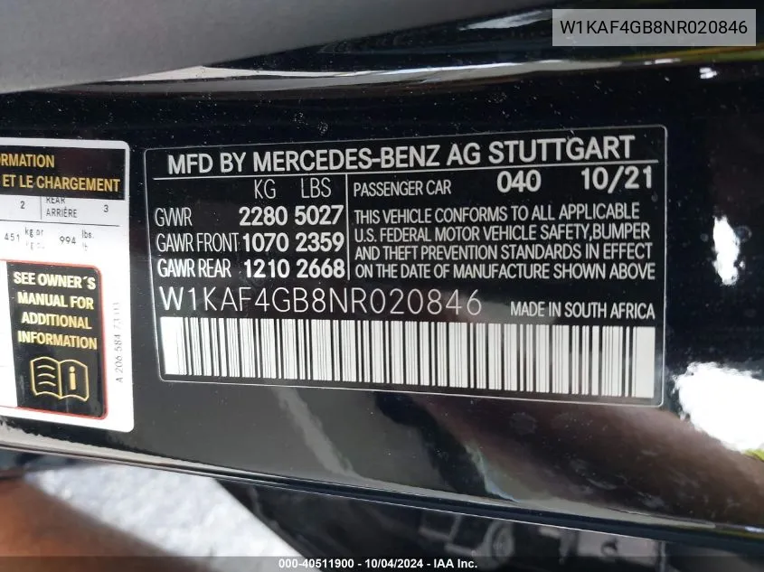 2022 Mercedes-Benz C 300 Sedan VIN: W1KAF4GB8NR020846 Lot: 40511900