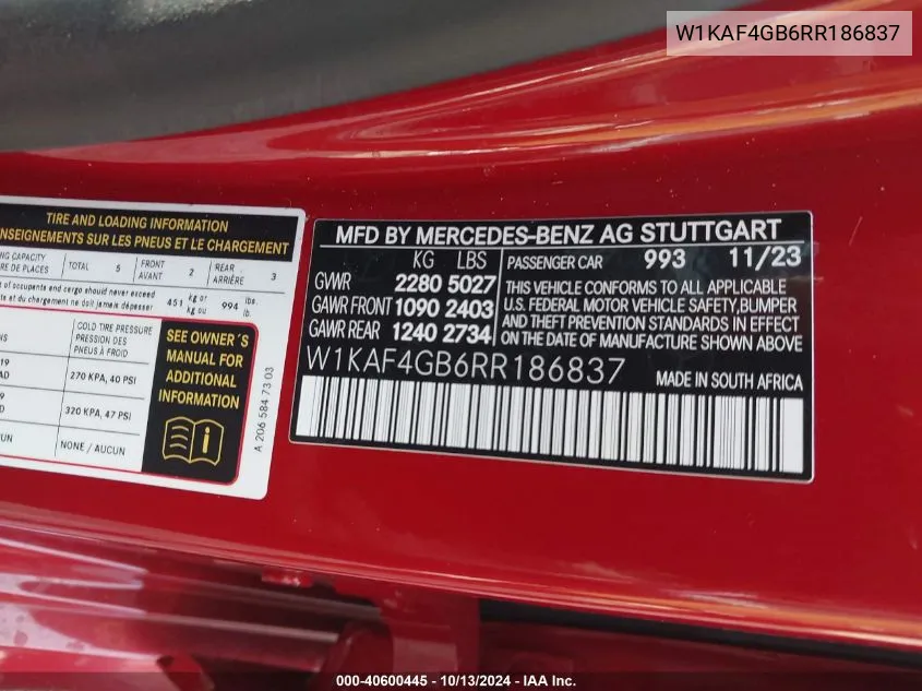 2024 Mercedes-Benz C 300 VIN: W1KAF4GB6RR186837 Lot: 40600445