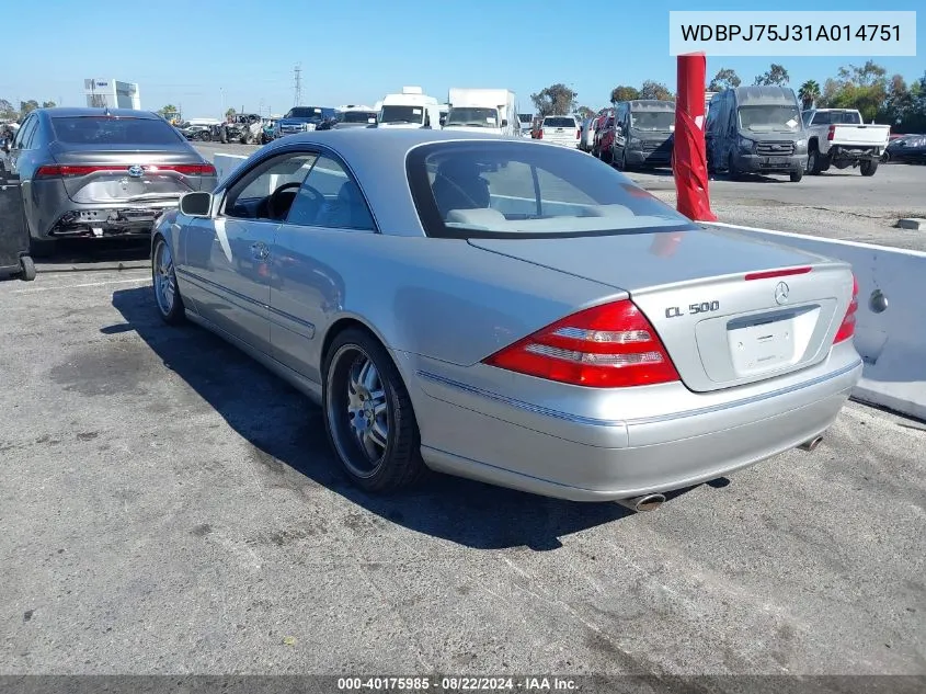 2001 Mercedes-Benz Cl 500 VIN: WDBPJ75J31A014751 Lot: 40175985