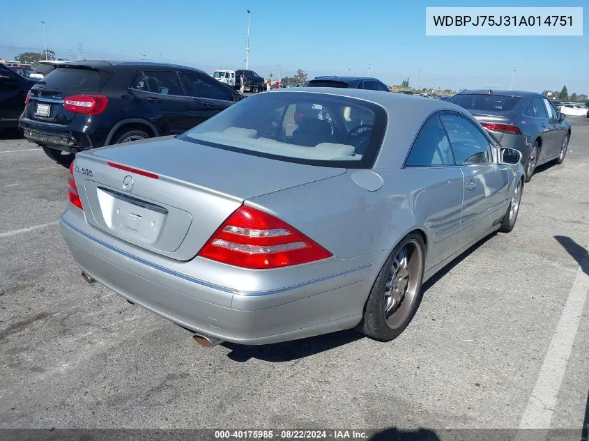 2001 Mercedes-Benz Cl 500 VIN: WDBPJ75J31A014751 Lot: 40175985