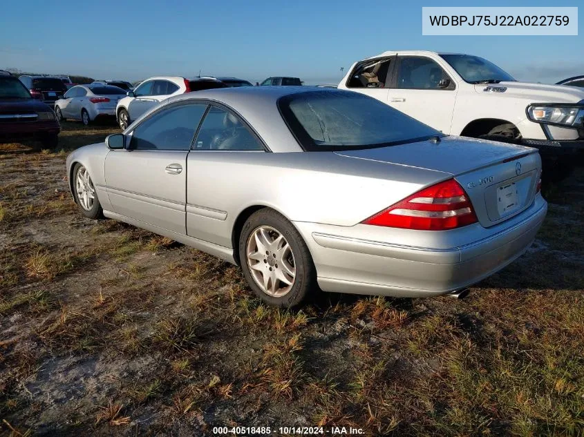 2002 Mercedes-Benz Cl 500 VIN: WDBPJ75J22A022759 Lot: 40518485