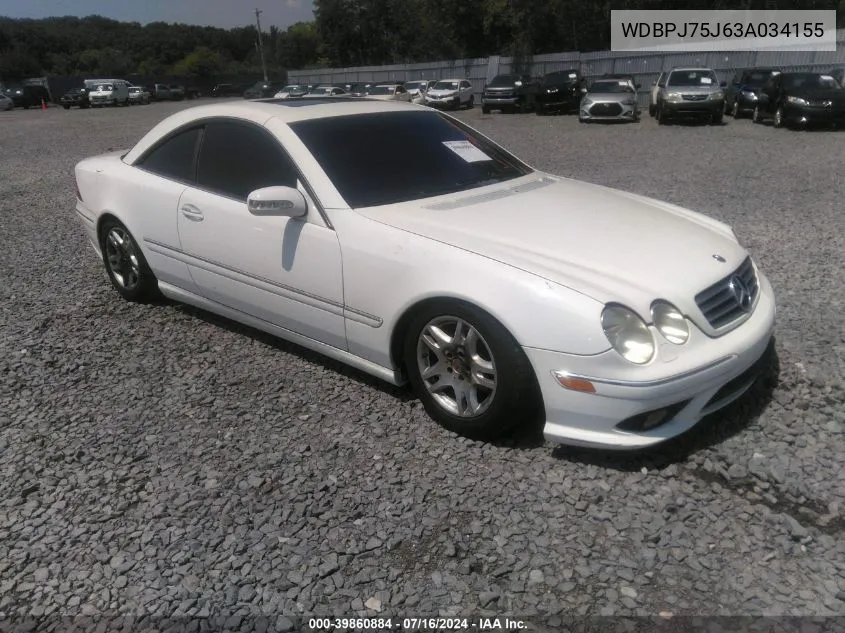 2003 Mercedes-Benz Cl 500 VIN: WDBPJ75J63A034155 Lot: 39860884