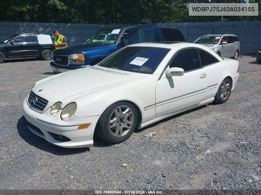 2003 Mercedes-Benz Cl 500 VIN: WDBPJ75J63A034155 Lot: 39860884