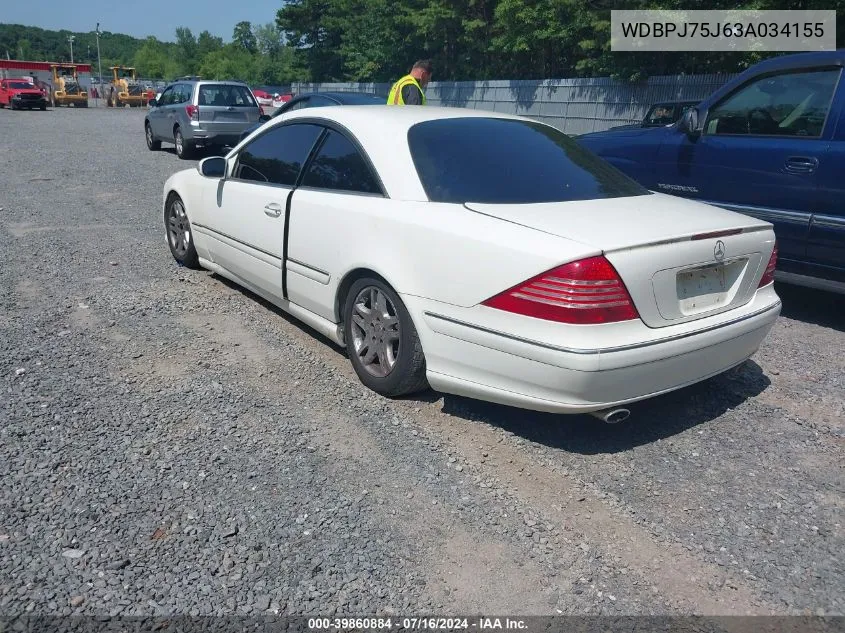 2003 Mercedes-Benz Cl 500 VIN: WDBPJ75J63A034155 Lot: 39860884