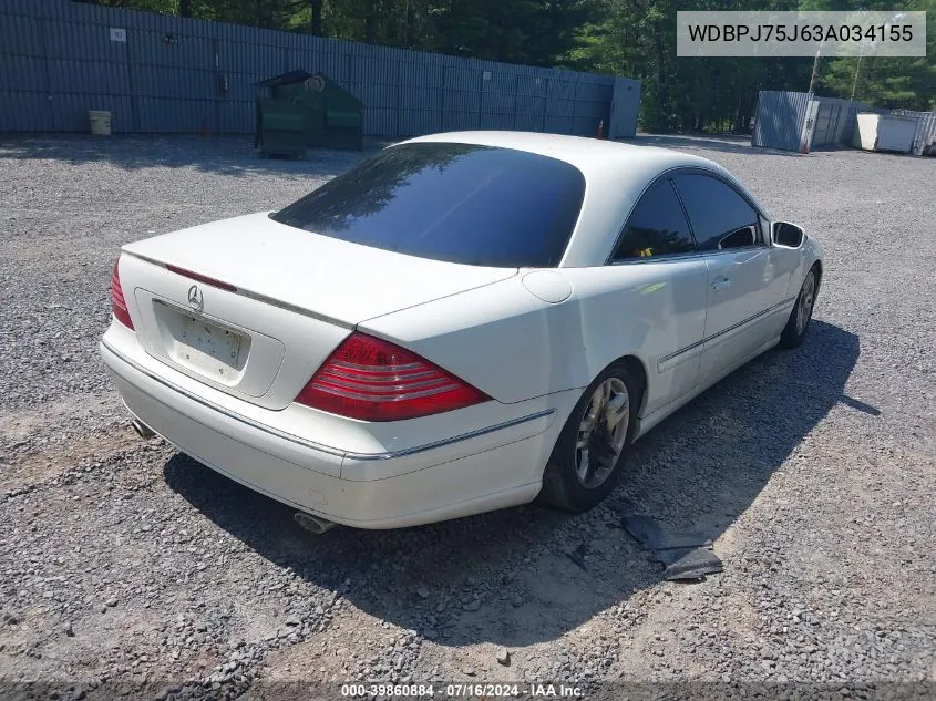 2003 Mercedes-Benz Cl 500 VIN: WDBPJ75J63A034155 Lot: 39860884