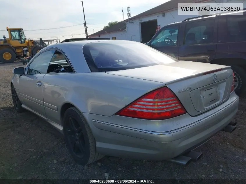 2003 Mercedes-Benz Cl 55 Amg VIN: WDBPJ74J63A038630 Lot: 40280698