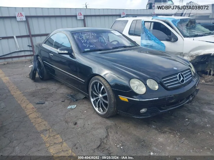 2003 Mercedes-Benz Cl 500 VIN: WDBPJ75J03A038072 Lot: 40439252