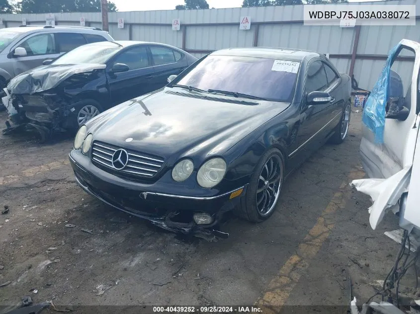 2003 Mercedes-Benz Cl 500 VIN: WDBPJ75J03A038072 Lot: 40439252