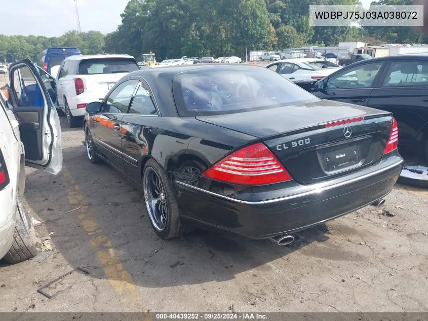 2003 Mercedes-Benz Cl 500 VIN: WDBPJ75J03A038072 Lot: 40439252