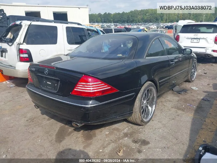 2003 Mercedes-Benz Cl 500 VIN: WDBPJ75J03A038072 Lot: 40439252