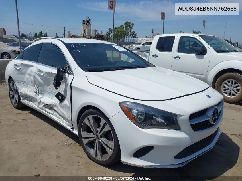 2019 Mercedes-Benz Cla 250 VIN: WDDSJ4EB6KN752658 Lot: 40048228