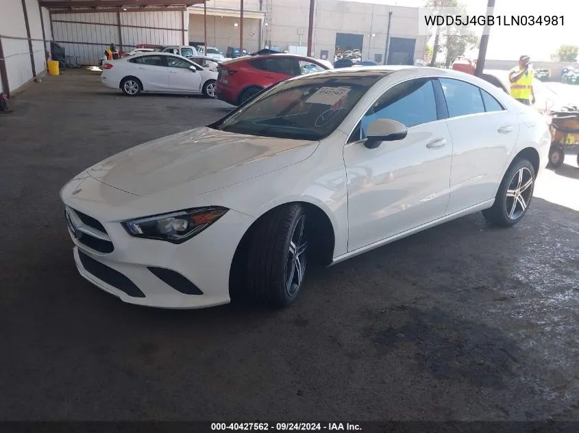 2020 Mercedes-Benz Cla 250 VIN: WDD5J4GB1LN034981 Lot: 40427562