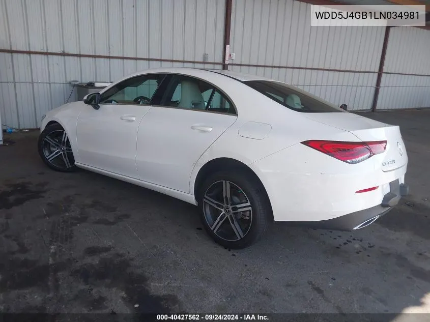 2020 Mercedes-Benz Cla 250 VIN: WDD5J4GB1LN034981 Lot: 40427562