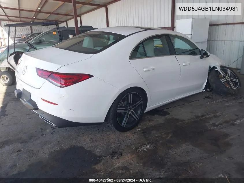 2020 Mercedes-Benz Cla 250 VIN: WDD5J4GB1LN034981 Lot: 40427562