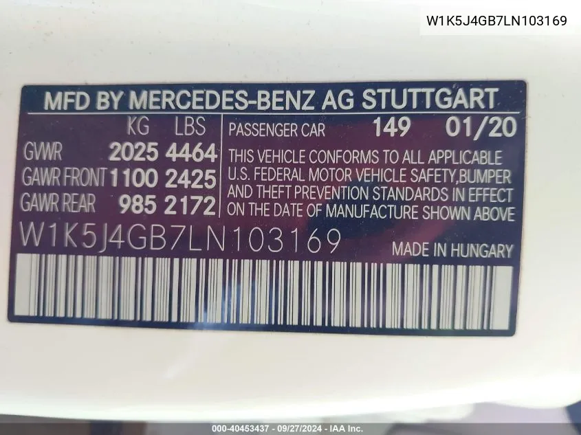 2020 Mercedes-Benz Cla 250 VIN: W1K5J4GB7LN103169 Lot: 40453437