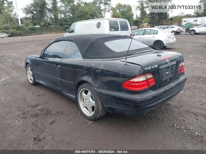 2000 Mercedes-Benz Clk 430 VIN: WDBLK70G7YT033115 Lot: 40474761