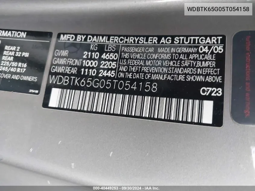 2005 Mercedes-Benz Clk 320 VIN: WDBTK65G05T054158 Lot: 40449253