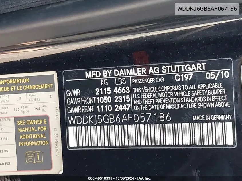 2010 Mercedes-Benz E 350 350 VIN: WDDKJ5GB6AF057186 Lot: 40518395