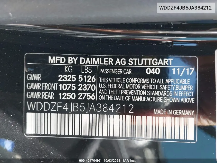 2018 Mercedes-Benz E 300 VIN: WDDZF4JB5JA384212 Lot: 40470497