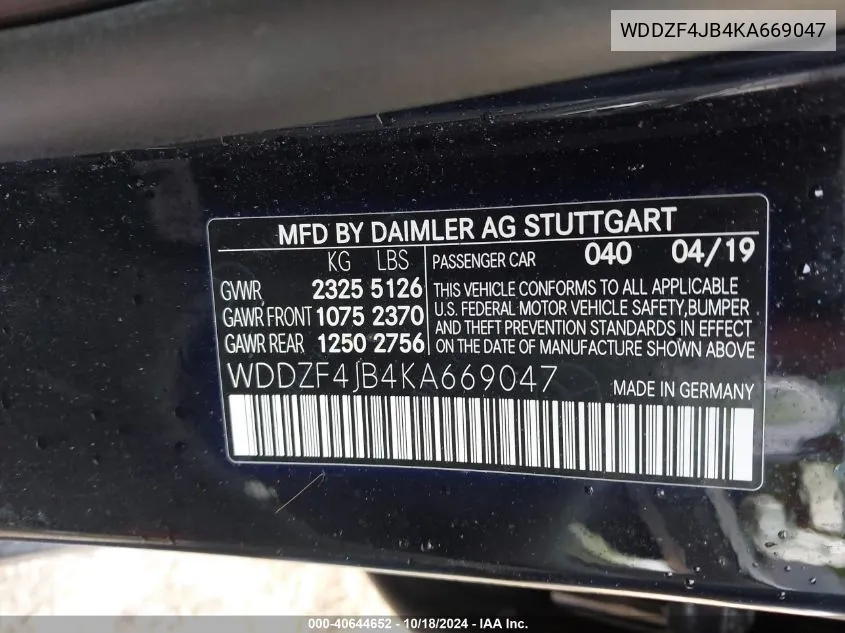 2019 Mercedes-Benz E 300 VIN: WDDZF4JB4KA669047 Lot: 40644652