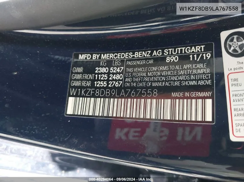 2020 Mercedes-Benz E 350 VIN: W1KZF8DB9LA767558 Lot: 40294064