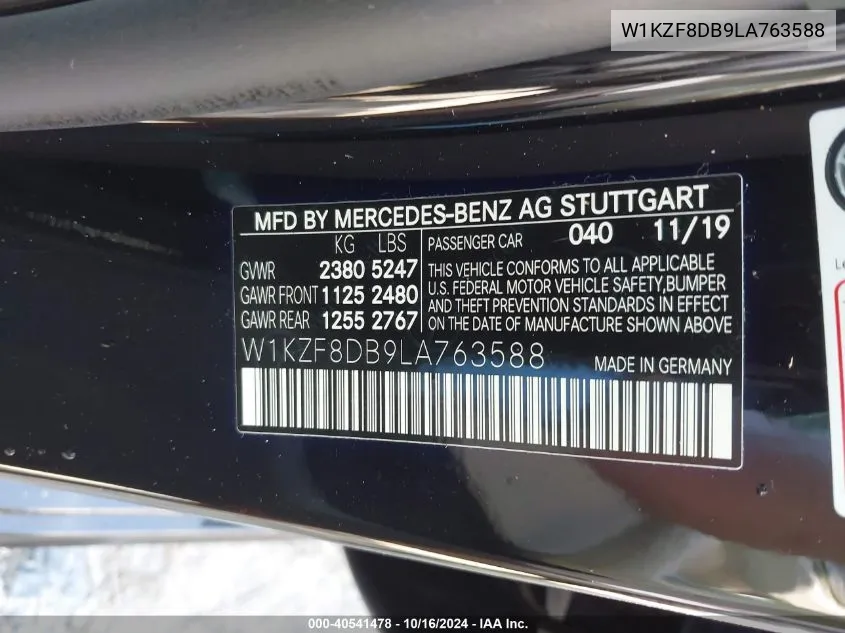 2020 Mercedes-Benz E 350 VIN: W1KZF8DB9LA763588 Lot: 40541478