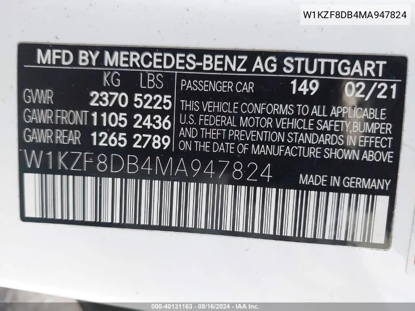 2021 Mercedes-Benz E 350 VIN: W1KZF8DB4MA947824 Lot: 40131163