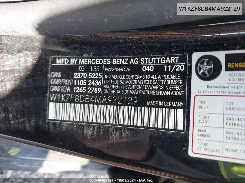 2021 Mercedes-Benz E 350 VIN: W1KZF8DB4MA922129 Lot: 40466747