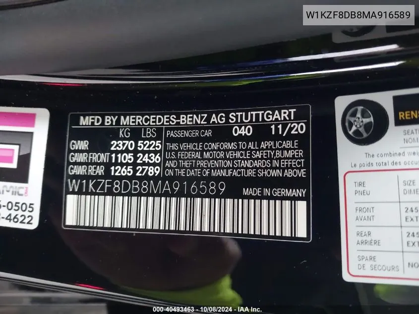 2021 Mercedes-Benz E 350 VIN: W1KZF8DB8MA916589 Lot: 40493463