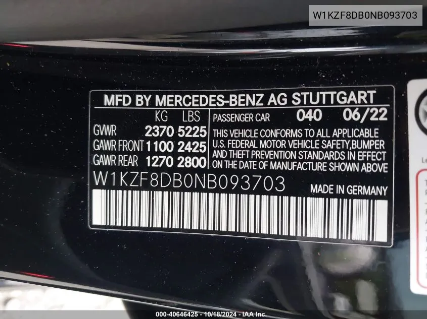 2022 Mercedes-Benz E 350 VIN: W1KZF8DB0NB093703 Lot: 40646425