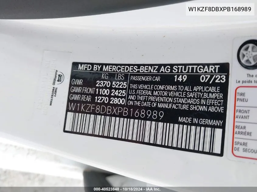 2023 Mercedes-Benz E 350 VIN: W1KZF8DBXPB168989 Lot: 40523848