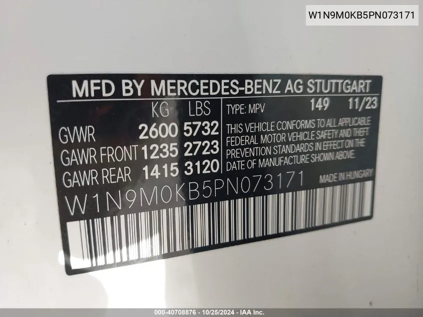 2023 Mercedes-Benz Eqb 300 Suv 4Matic VIN: W1N9M0KB5PN073171 Lot: 40708876