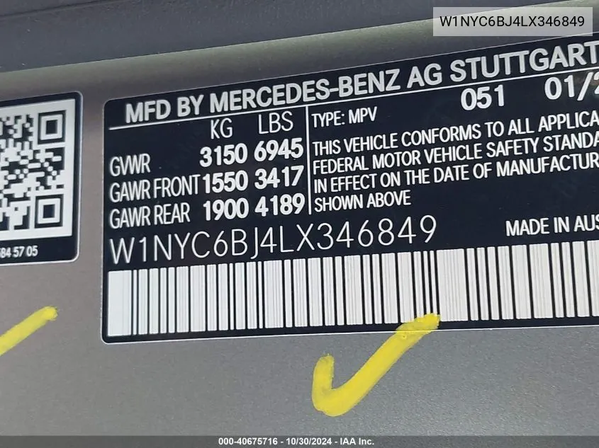 2020 Mercedes-Benz G 550 4Matic VIN: W1NYC6BJ4LX346849 Lot: 40675716