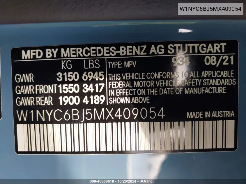 2021 Mercedes-Benz G 550 Suv VIN: W1NYC6BJ5MX409054 Lot: 40659618