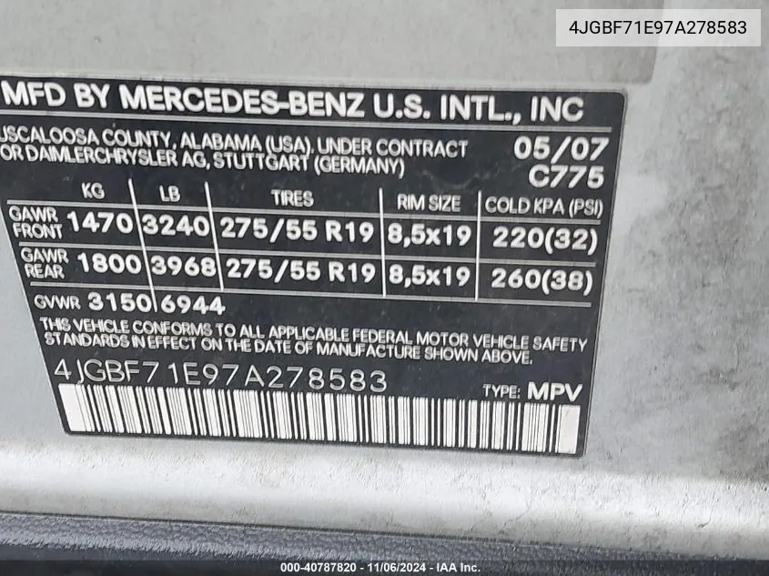 4JGBF71E97A278583 2007 Mercedes-Benz Gl 450 4Matic