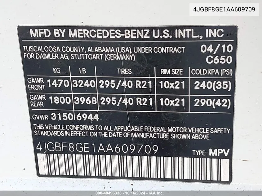 2010 Mercedes-Benz Gl 550 4Matic VIN: 4JGBF8GE1AA609709 Lot: 40496335